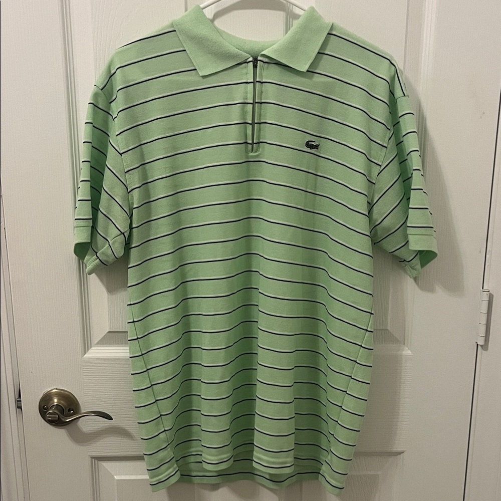 Lacoste Men's 1/4 zip Light Green Polo with Navy Stripes
